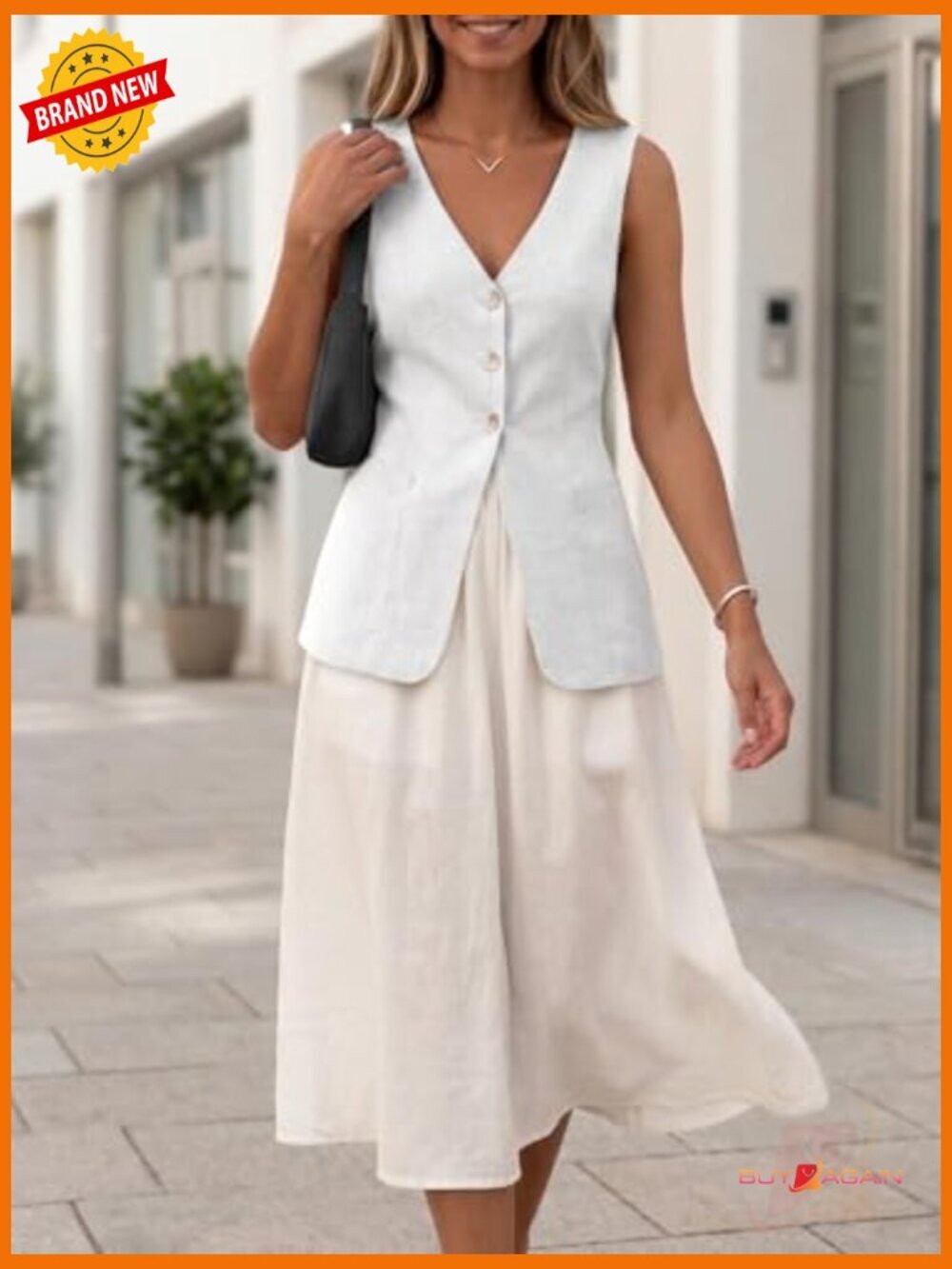 Women's Linen Vest Blazer - Lightweight Sleeveless Business Casual - Picture 5 of 7